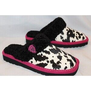 ARIAT WOMEN'S JACKET SQUARE TOE SUEDE COW PRINT SLIPPERS BLACK PINK WHITE 8 NIB